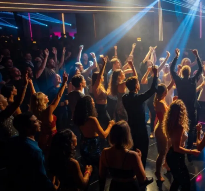 Mozgalmas tánctér fényekkel és DJ pulttal
