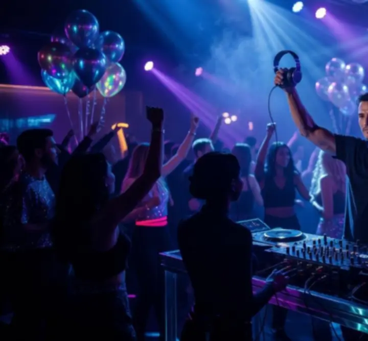DJ pult fényekkel és táncoló tömeg