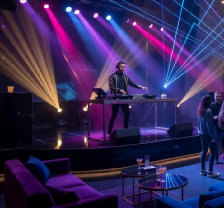 Modern éjszakai élet, DJ pult és táncoló közönség