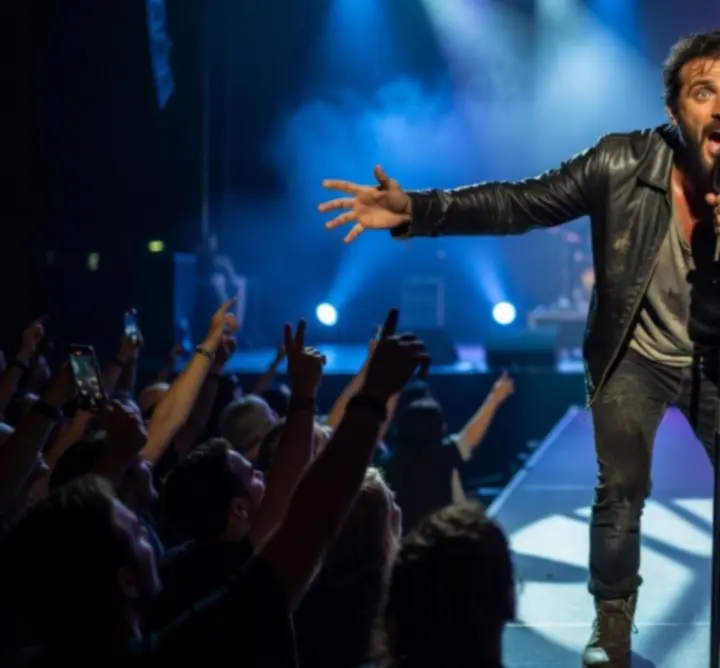 Énekes koncert közben színpadi fényekkel