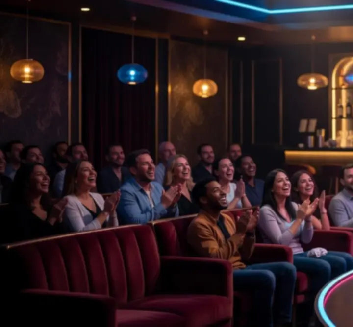 Stand-up comedy színpad fényekkel és mikrofonállvánnyal
